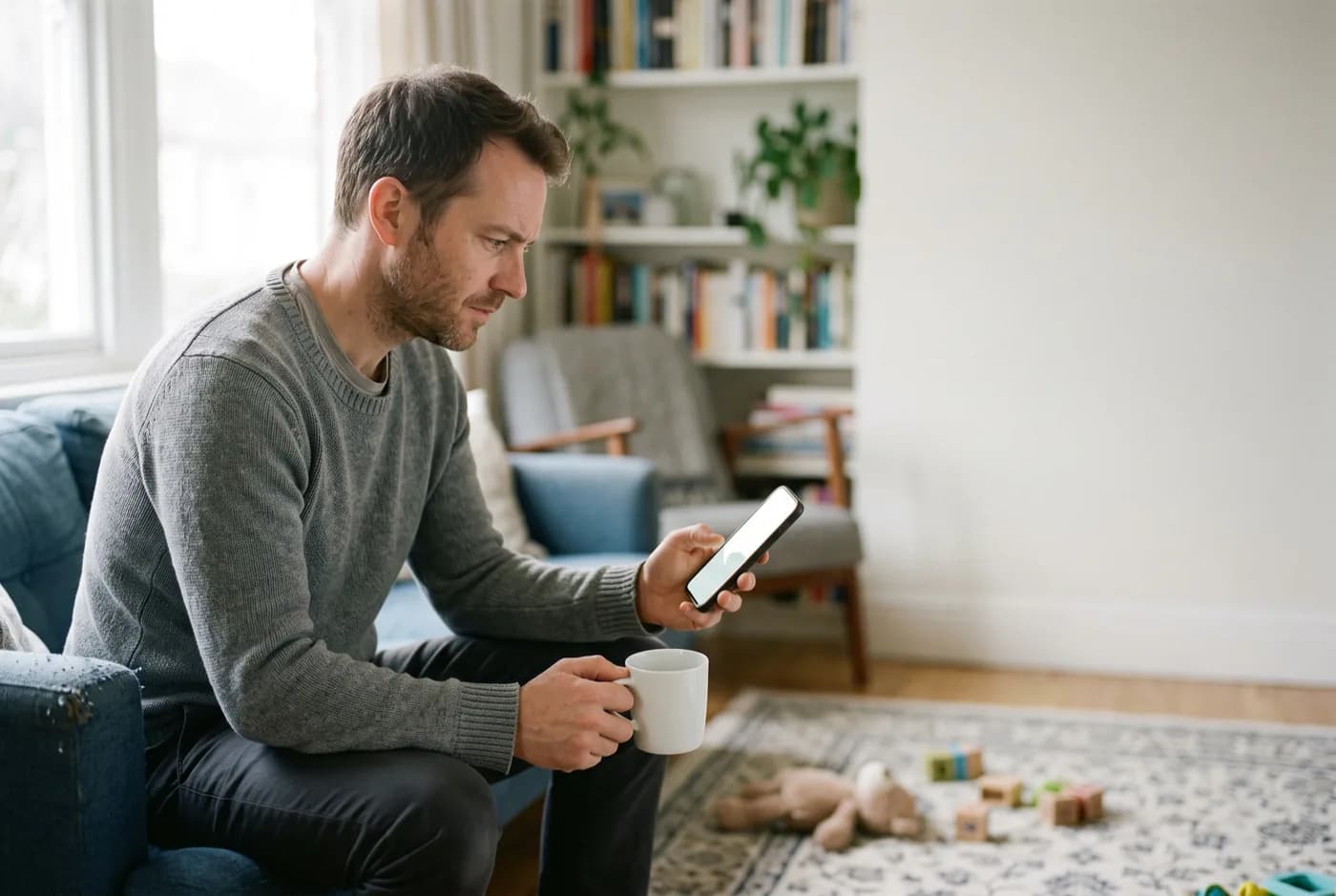 A homeowner looking at his phone on the sofa, with a review example beside him.